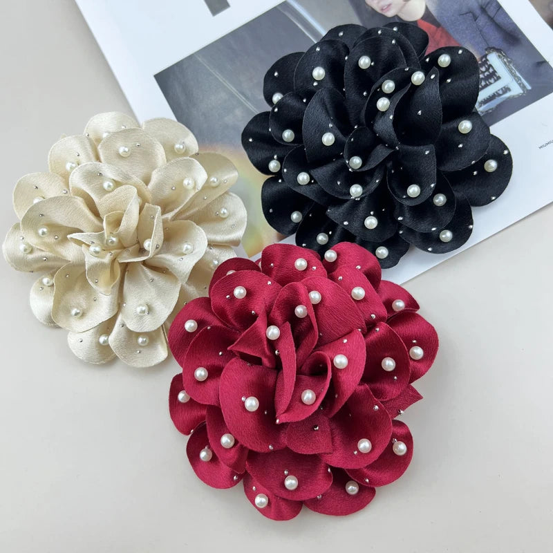 Handmade Fabric Flower Brooch - 13cm Pearl Wedding Corsage Pin