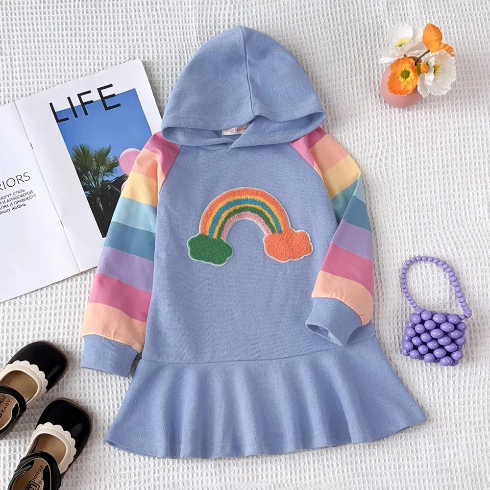 Girls Autumn Princess Rainbow Colourful Hooded Dress
