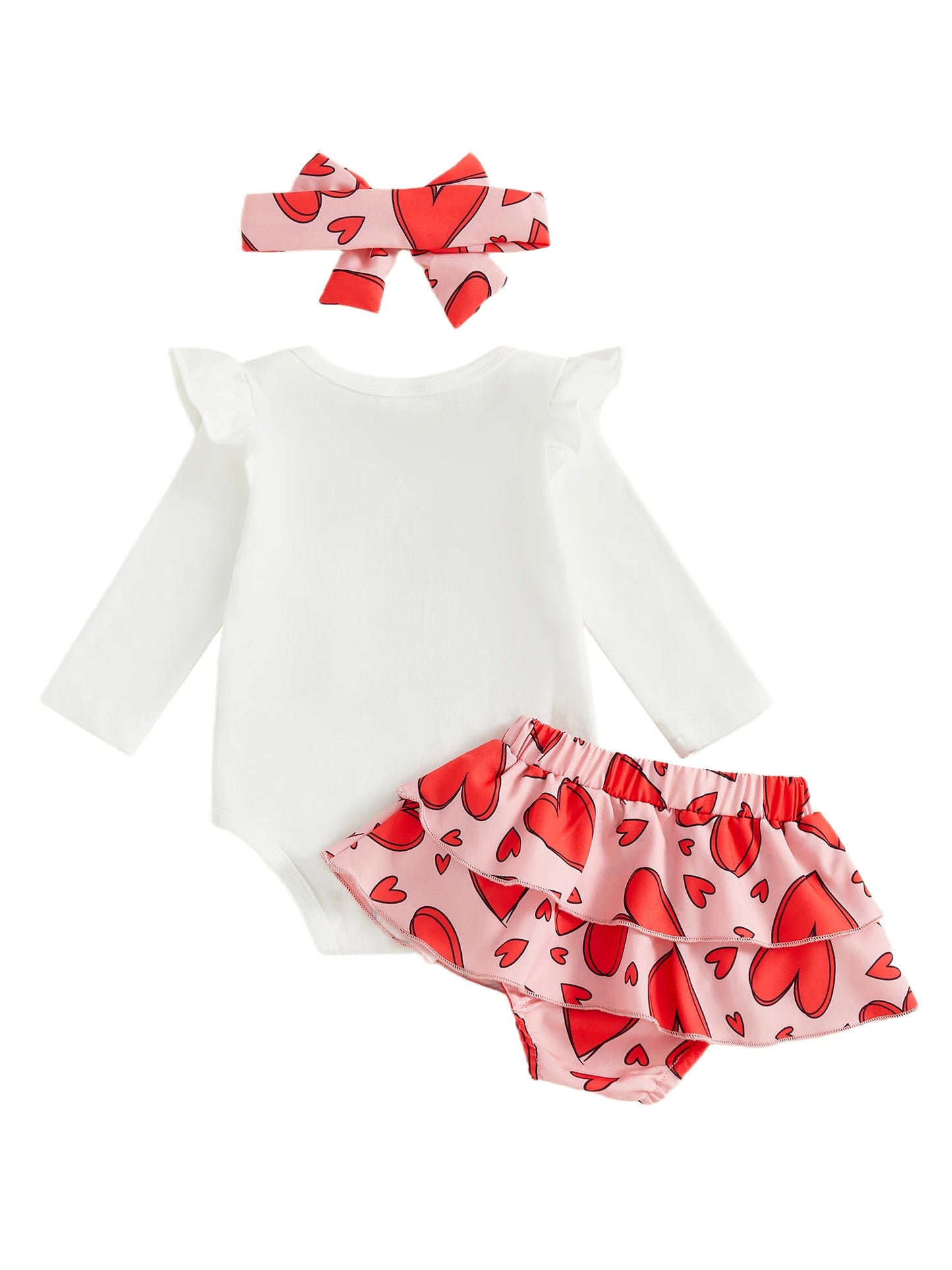 Baby Girls Valentine's Day Letter Embroidery Romper Heart Print Shorts and Hairband Set