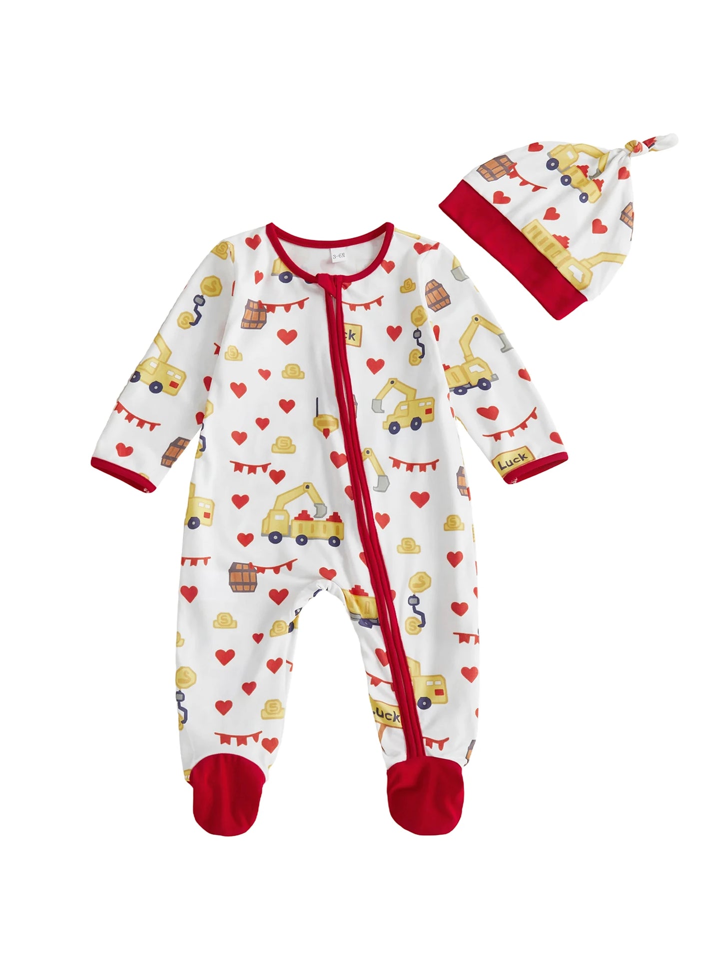 Baby Boys Girls Valentine's Day Romper Set - Excavator Heart Print Jumpsuit with Hat 0-18M