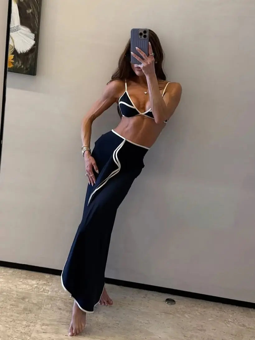Women's 3 Pcs Bikini with Skirt Halter Women Patchwork Swimwear Set