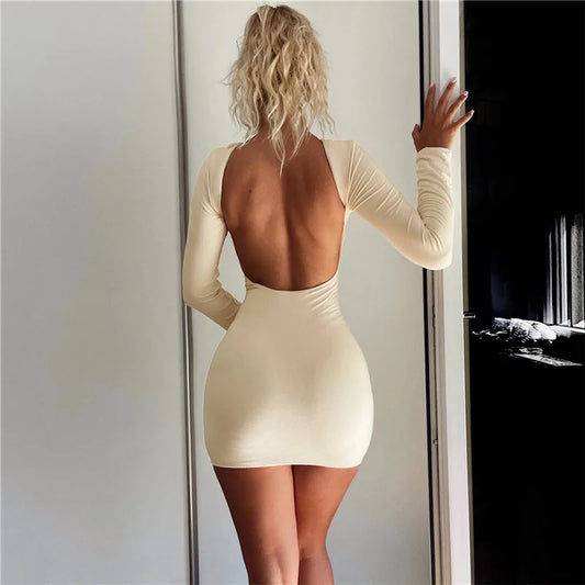 Women's Open Back Solid Slinky Mini Dress - Long Sleeve Round Neck Bodycon Dress