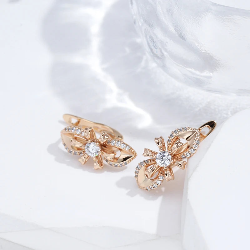 Women's Unique 585 Rose Gold Colour Long Flower Earring for Women Natural Zircon Accessories High Quality Daily Vintage Jewelry