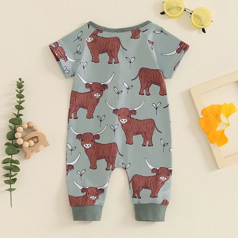 0-18M Infant Baby Girls Boys Western Romper Cow Cattle Print Short Sleeve Zip-Up Toddler Jumpsuits Clothes