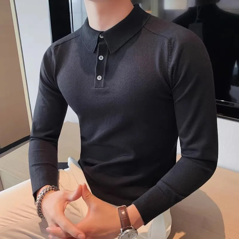 Slim Fit Knitted Polo Shirt - Long Sleeve Solid Turn Down Collar