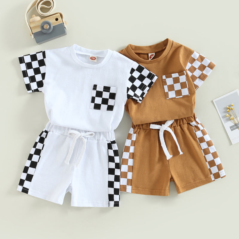 0-3Y Toddler Baby Boy Summer Clothes Sets Plaid Patchwork Short Sleeve Pocket T-Shirt and Elastic Waist Shorts