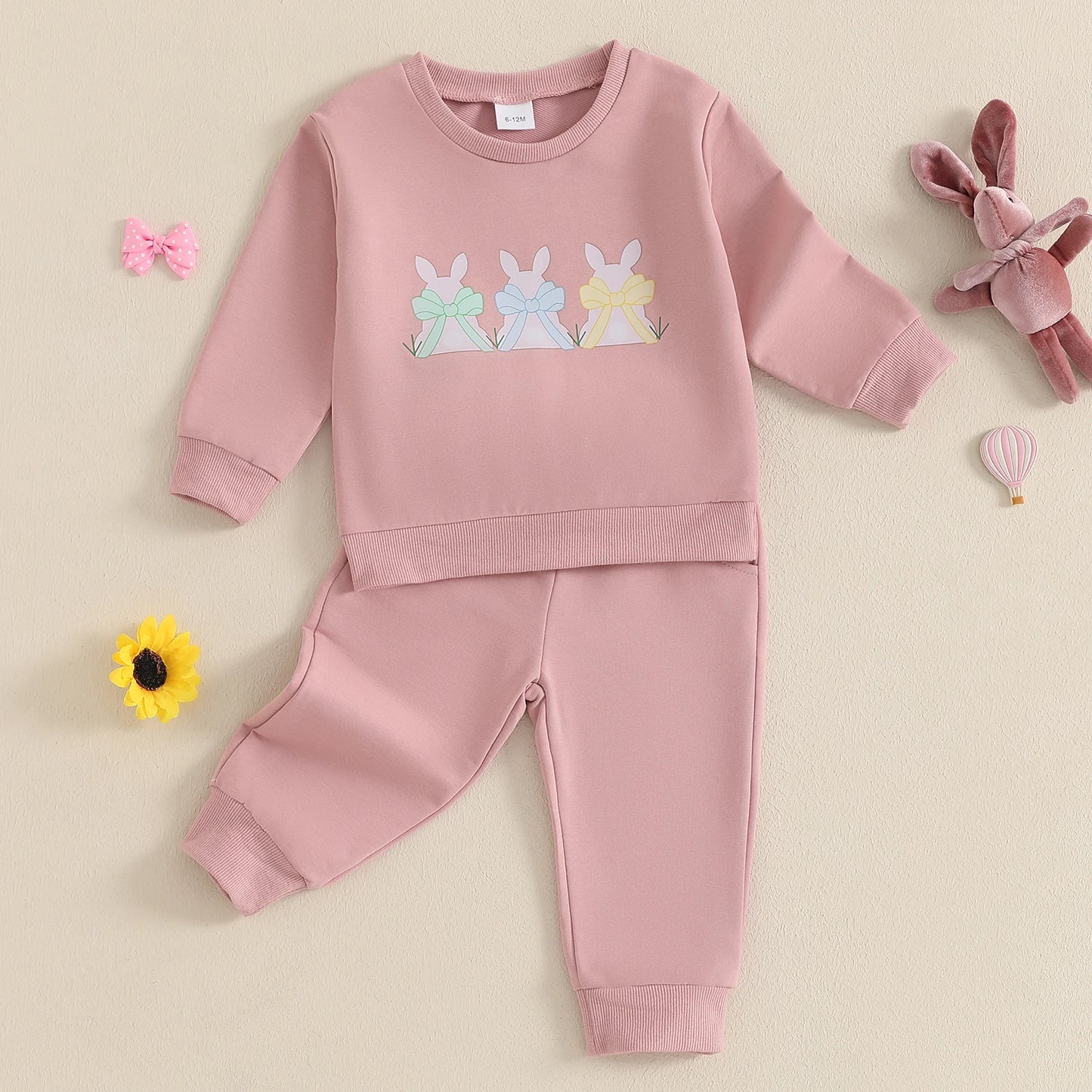 0-3Y  Baby Girls Easter Clothes Sets Rabbit Bow Print Long Sleeve Crew Neck Sweatshirt with Elastic Waist Pants