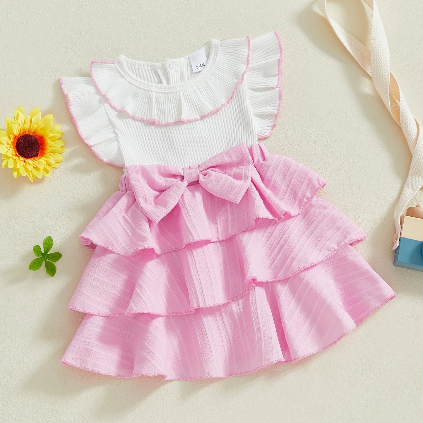 0-4Y Kids Girls Summer Ruffles Fly Sleeve Doll Collar Bow Front Layered Knee Length Dress