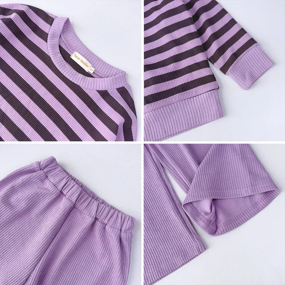 Girl's Long Sleeved Striped Top and Pants Two-piece Set