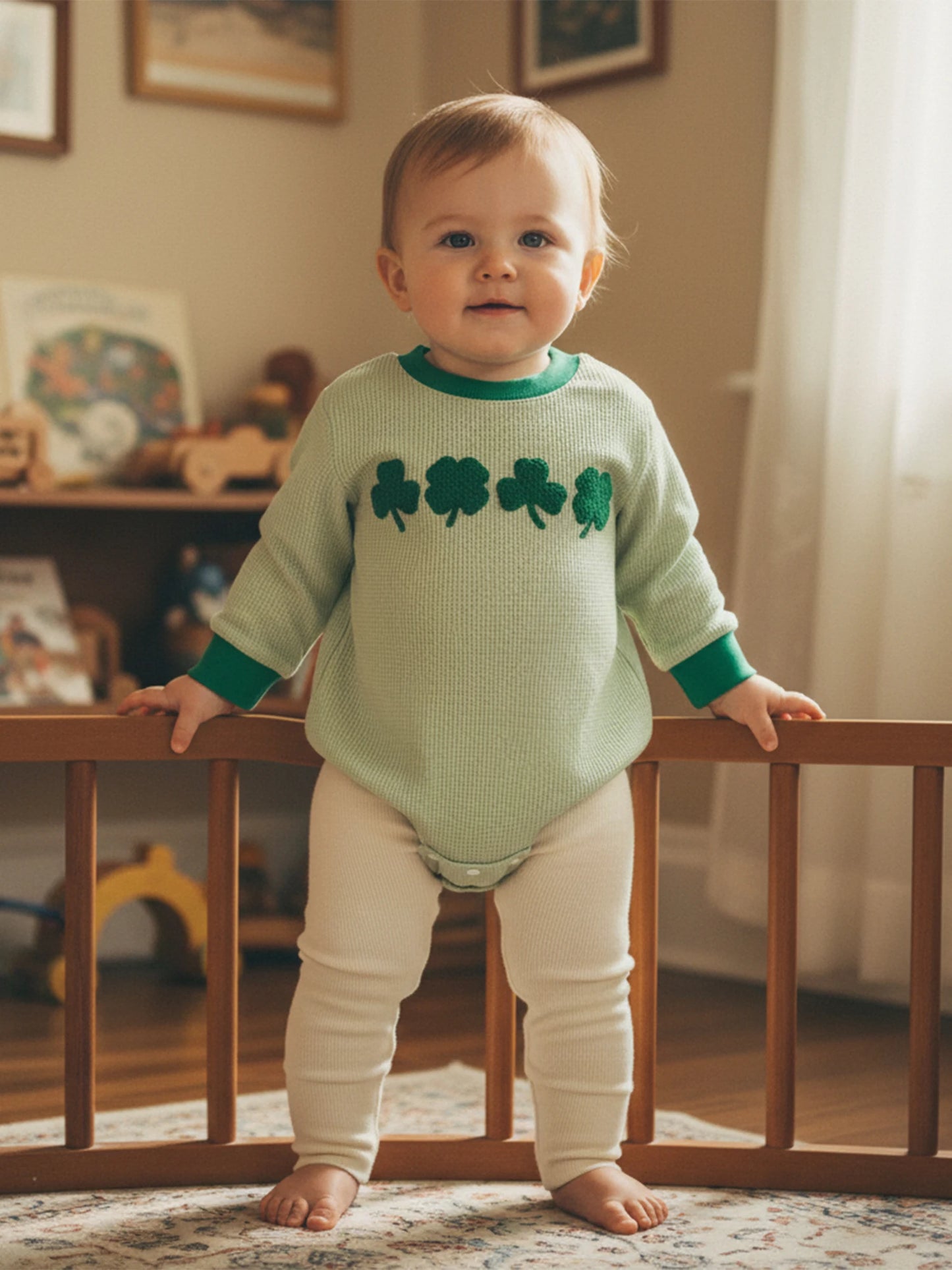 Baby Boys Girls Festival Romper - Shamrock Embroidery Plaid Long Sleeve Jumpsuit
