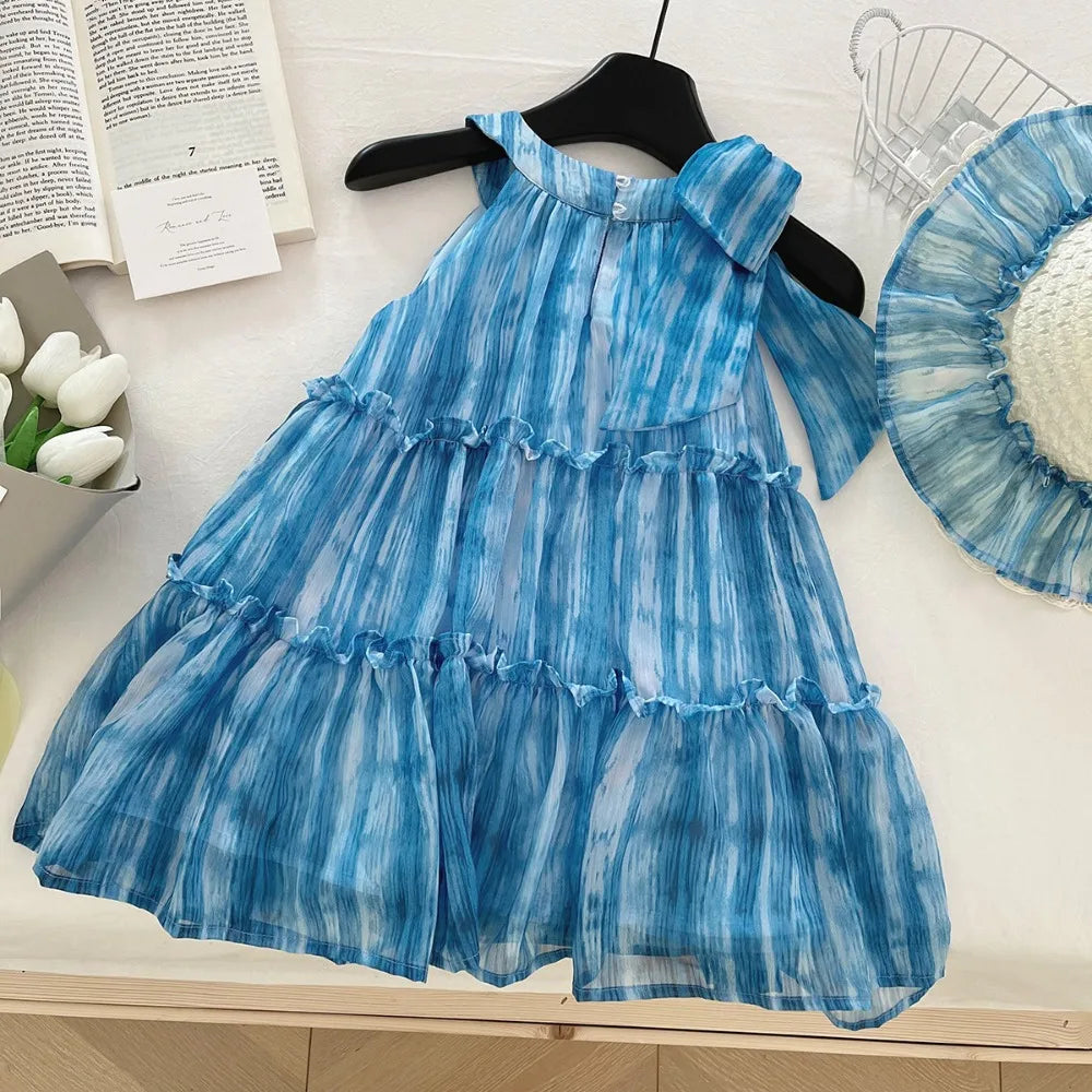 Girl's Summer Casual Round Neck Sleeveless 3D Bow Pleated A-line Dress 4-7 Years Old