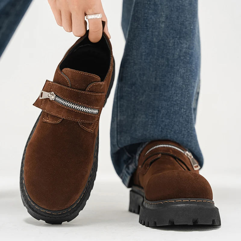 Men's Suede Leather Platform Work Shoes - Zipper Business Sneakers