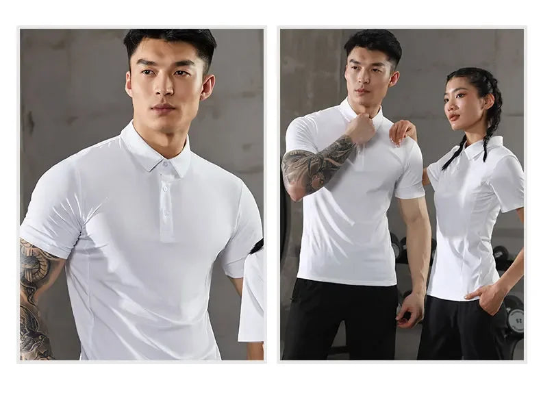 Men's Summer Casual Stretch Gym Muscle Fit Shirt Sports  Quick Dry Ice Silk Short Sleeve Golf Polo Lapel T-Shirt