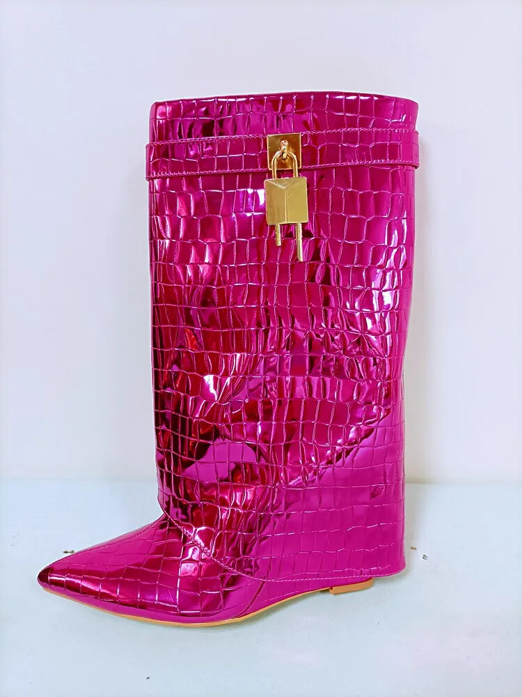 Women's Wedge Leather Mid-Calf Boots - 10cm Heel Metal Buckle Boots