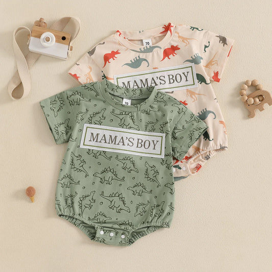 Baby Boys Dinosaur Romper - Letter Embroidery Short Sleeve Bodysuit (0-18M)
