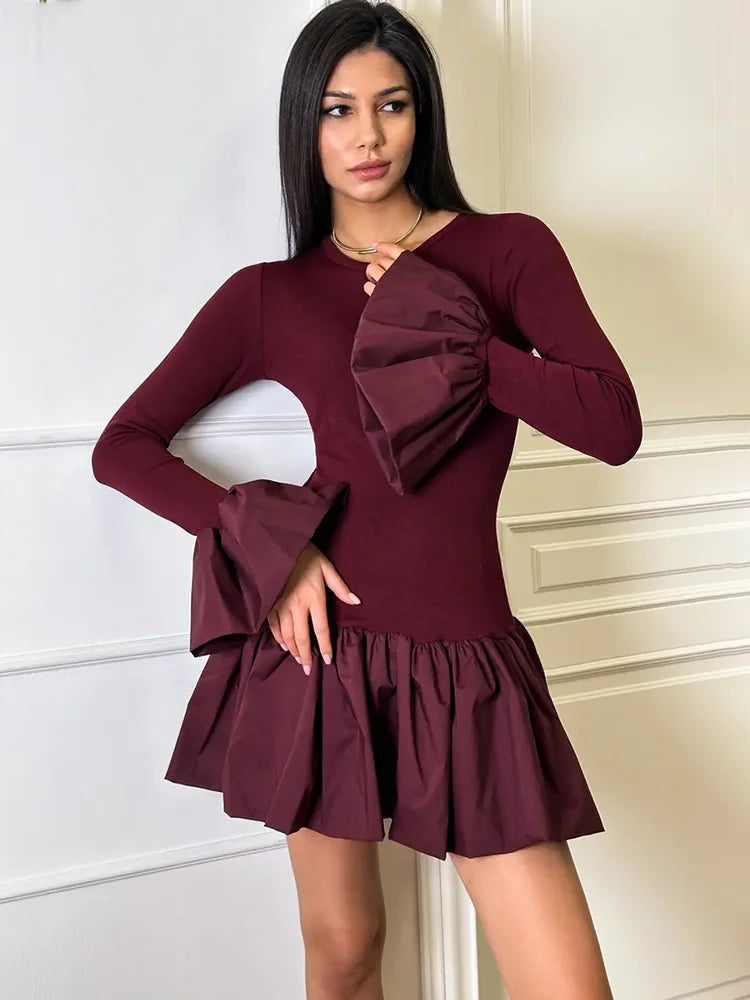 Women's  Flare Sleeve Mini Splice Folds A-Line Sweet Bodycon Dress