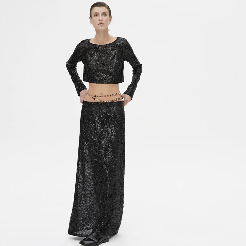 Women's Sequin Long Glitter Maxi Sparkle High Waist Long Skirt