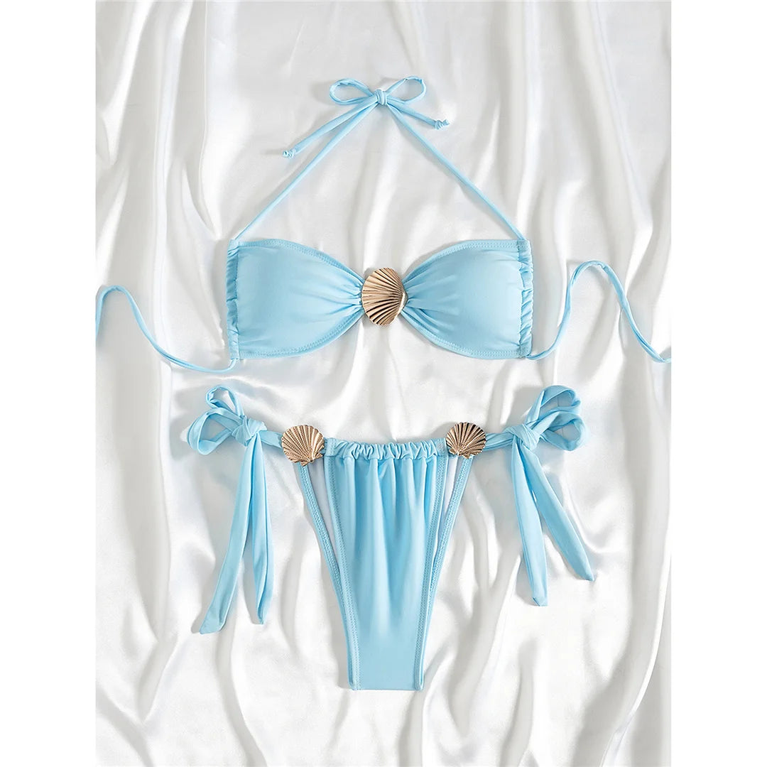 Women's Metal Shell Halter Strappy High Cut Bikini Set | Wire-Free Padded Two-Piece