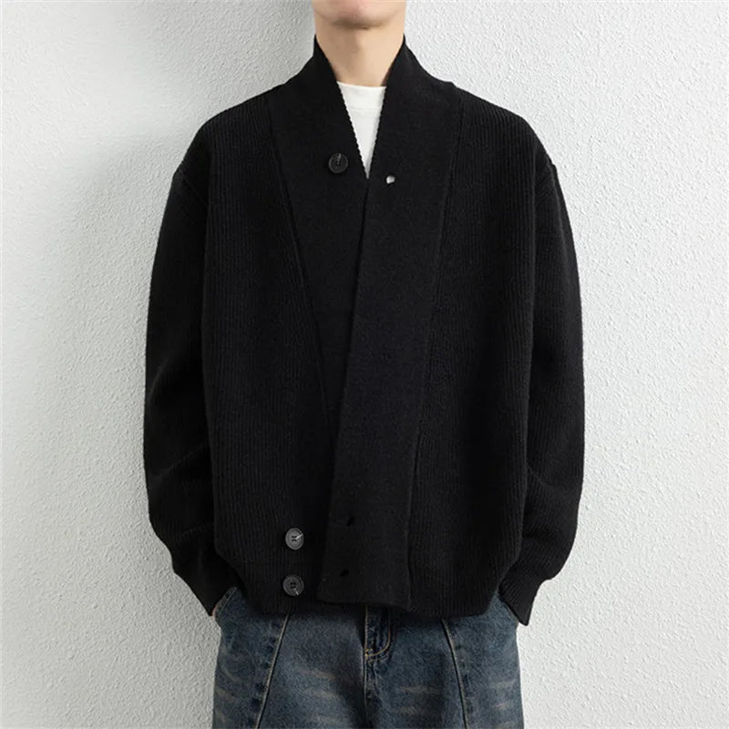 Men's V-Neck Knit Cardigan - Loose Fit Solid Colour Sweatercoat for Spring Autumn