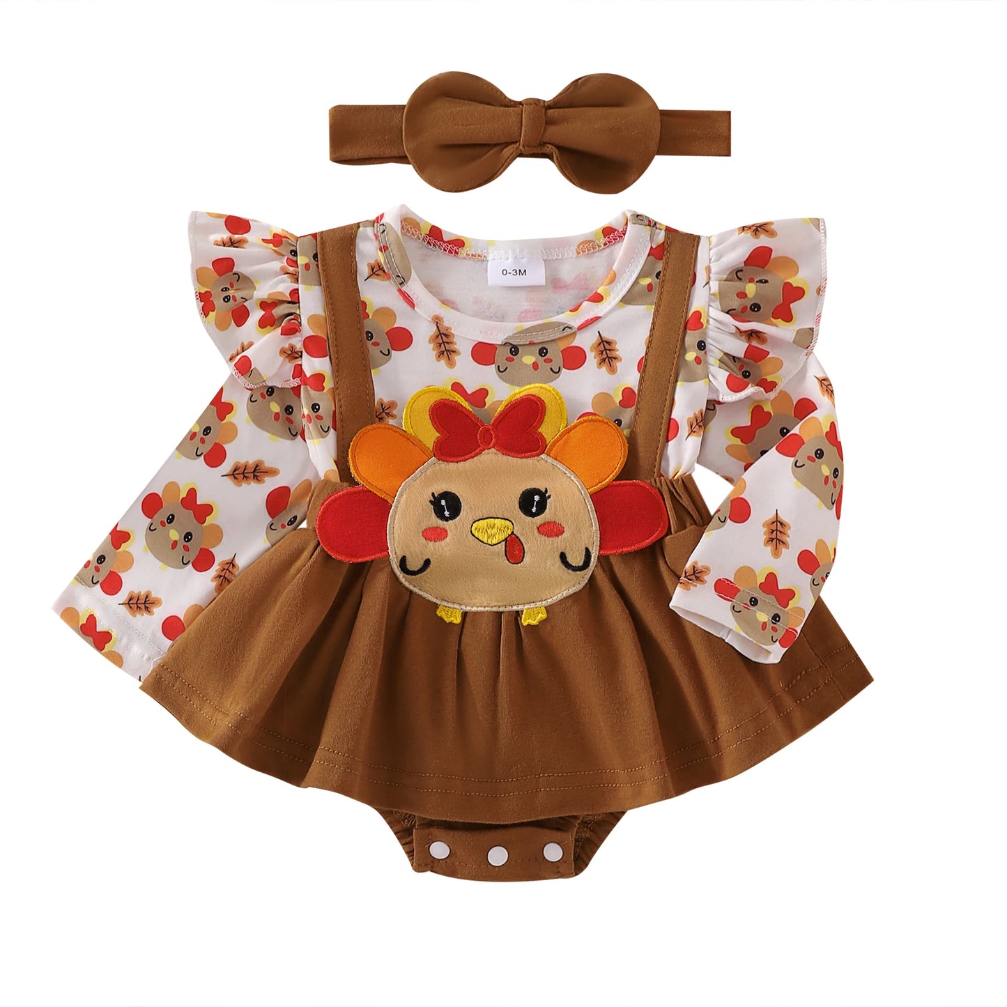2-Piece Baby Girls Holiday Romper Dress Set 0-18M - Thanksgiving/Christmas Print with Headband