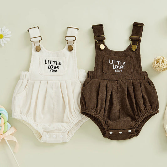 Baby Unisex Letter Embroidery Sleeveless Overalls Romper | Pocket Button Jumpsuit | Brown | 3M–18M