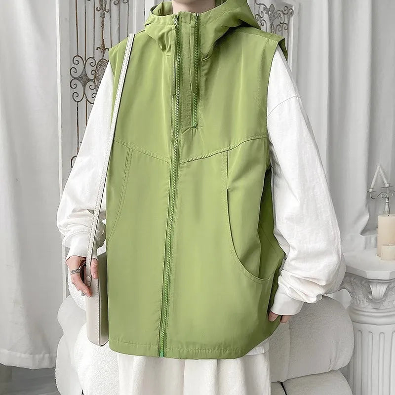 Hooded Cargo Vest - Multi-Pocket Sleeveless Jacket
