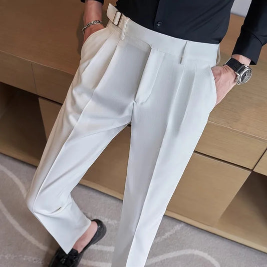 Men's Slim Fit Suit Trousers - High Waist Smart Casual Pants