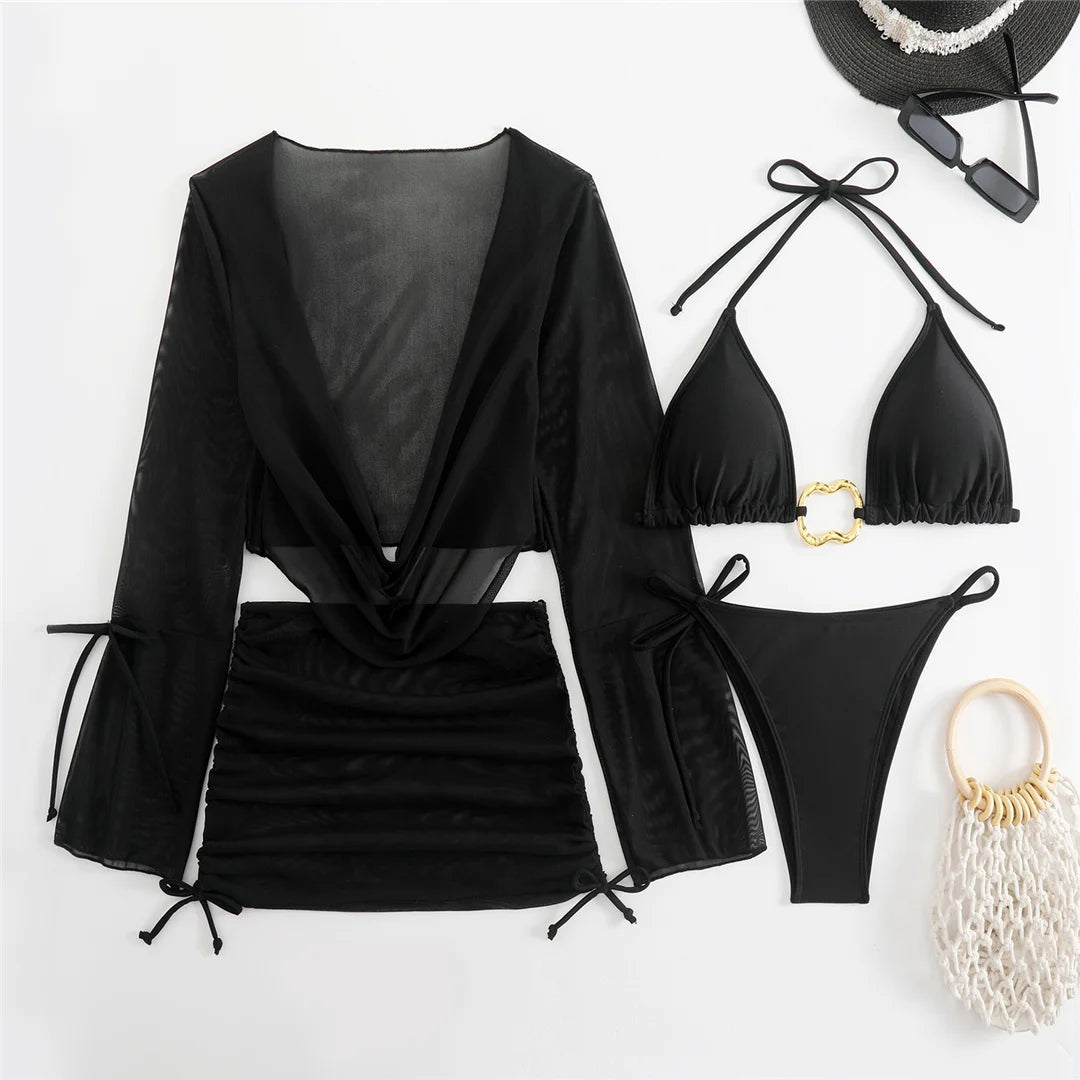 Women's Long Sleeve Cover Up Skirt Halter Bikini Swimsuit Swimwear Four-pieces Bikini Set