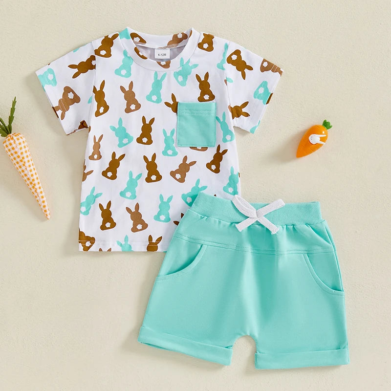 Toddler Baby Boys' Easter Outfit Set - Rabbit Print Short Sleeve T-Shirt & Shorts with Pockets 2pcs