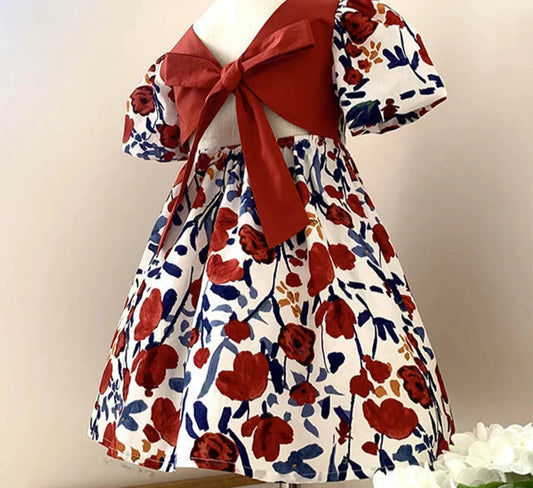 Girl's Floral Princess Backless Tie Bow Puff Sleeve Dress for 3-11Y