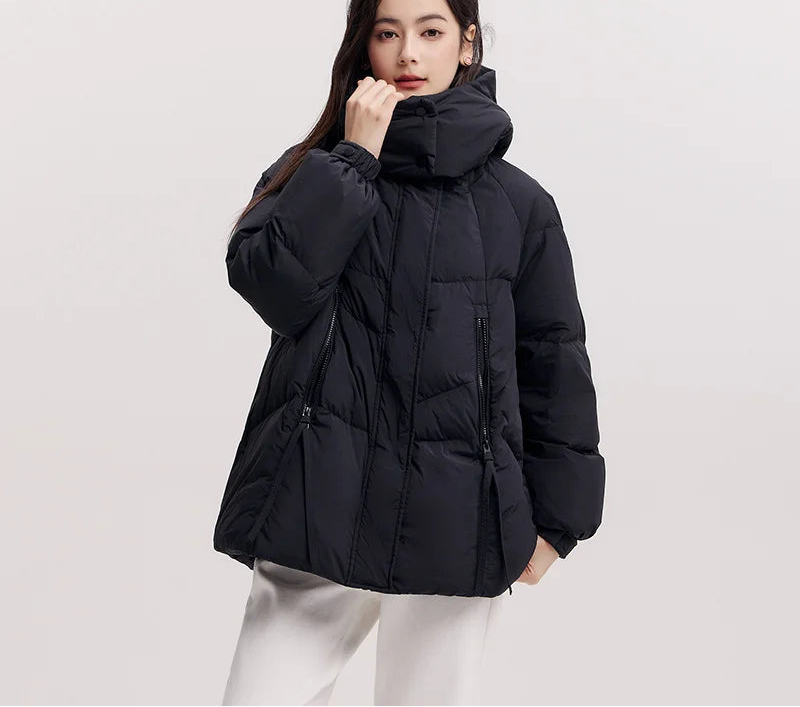 Mid-Length Loose Fit Hooded Down Jacket - Women's Textured Winter Coat
