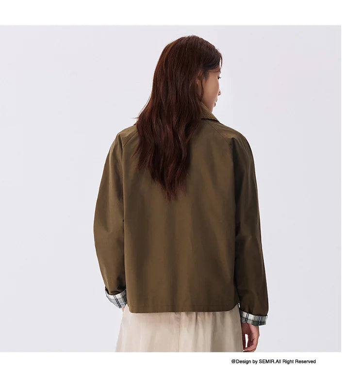 Women's Raglan Sleeve Patchwork Jacket - Loose Fit Retro Chic Autumn Coat