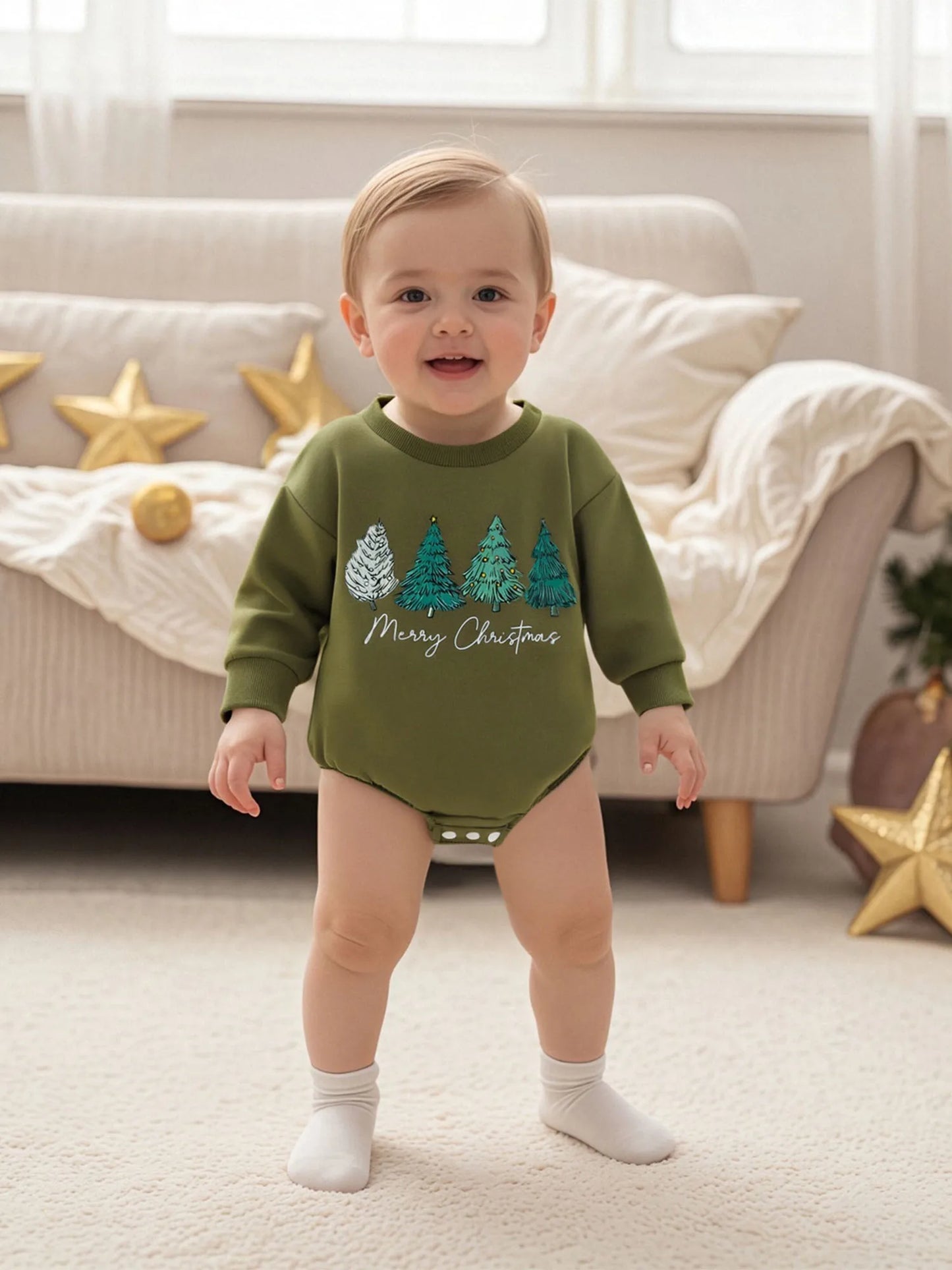 Baby Christmas Romper - Long Sleeve Tree Letter Print Bodysuit (0-18M)