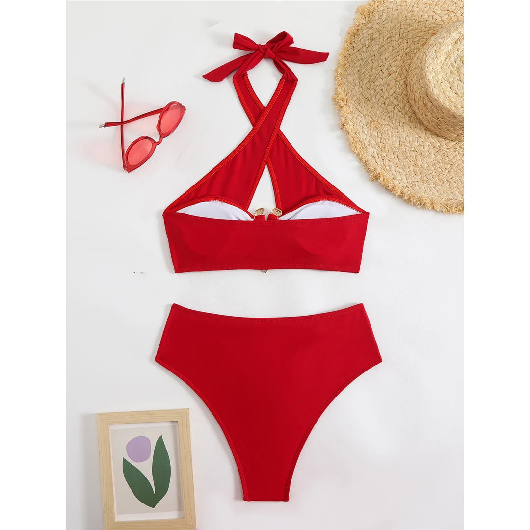 Women's Halter Cut Out High Waist Bikini Swimsuit Swimwear Two-pieces Bikini set