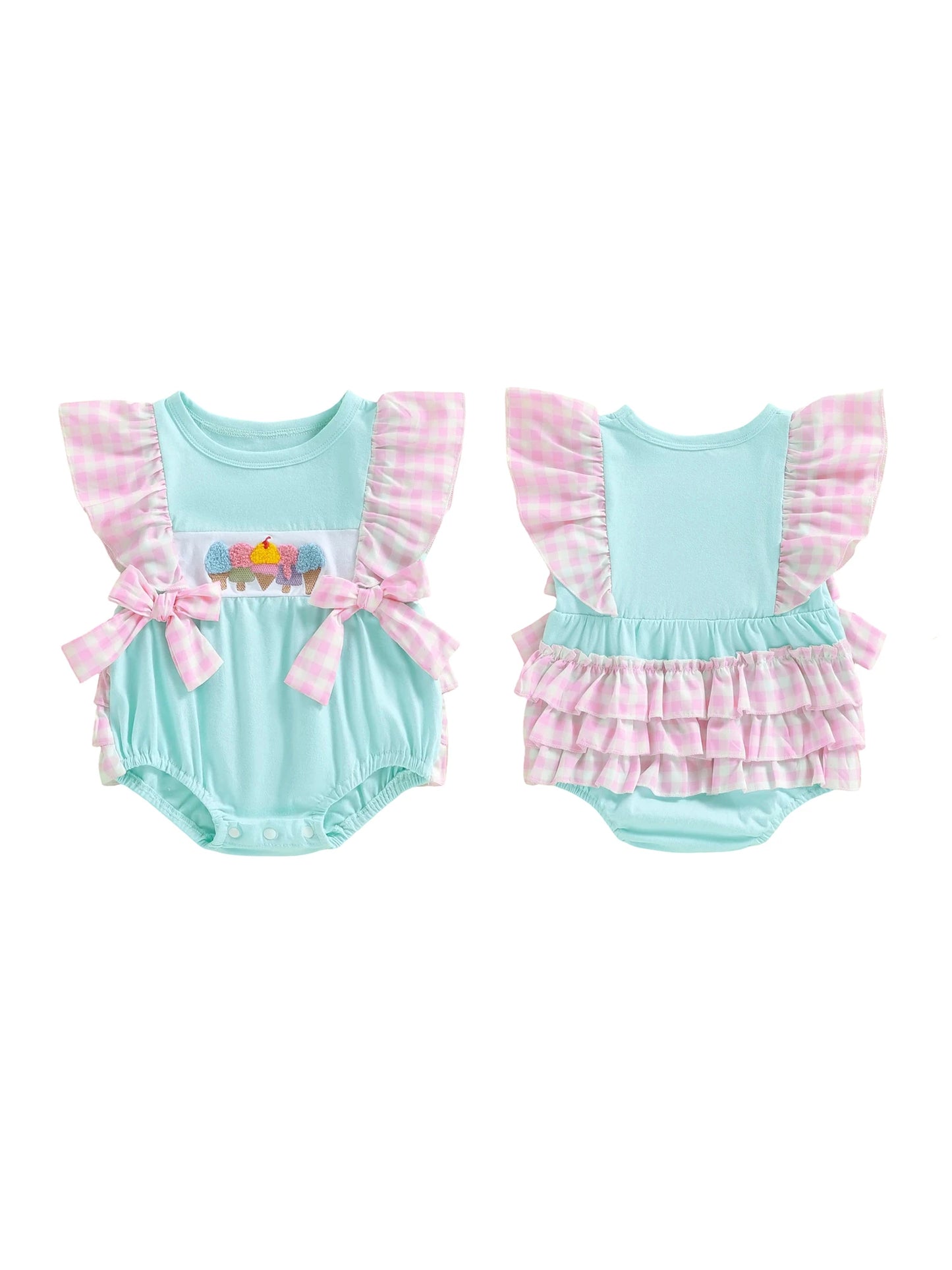 Baby Summer Romper - Plaid Flutter Sleeve Ice Cream Embroidery Jumpsuit