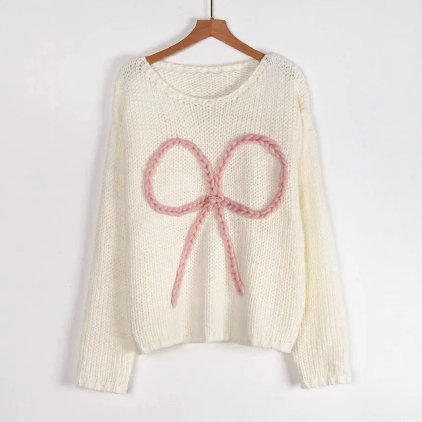 Women's Bows Long Sleeve Knitted Casual Loose Round Neck Crochet Pullovers Splice Sweater Top