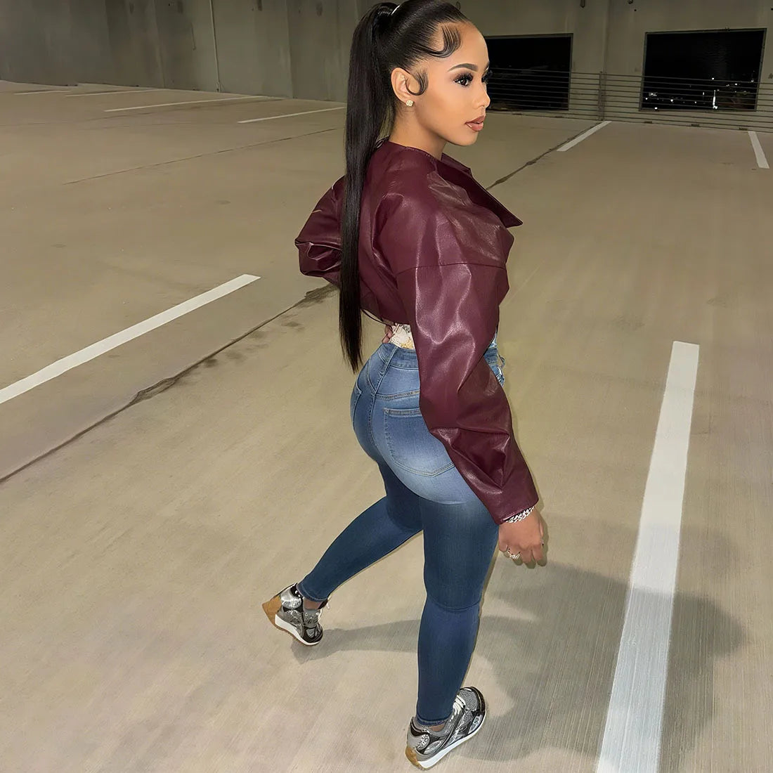 Women's PU Leather Cropped Jacket - Asymmetrical Single Button Coat