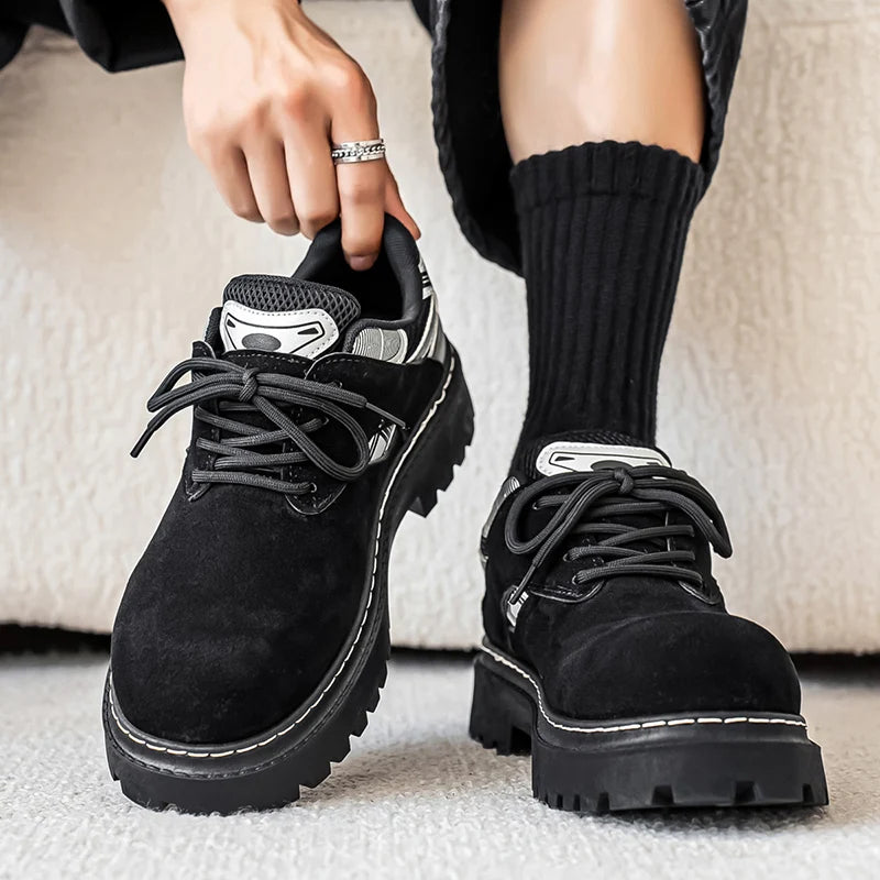 Men's Platform Suede Sneakers - Lace-Up Casual Outdoor Shoes