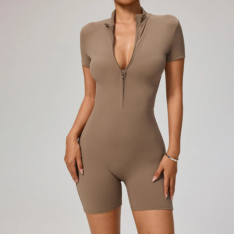 Zipper Front Jumpsuit - Short Sleeve Nylon Workout Set for Gym & Yoga