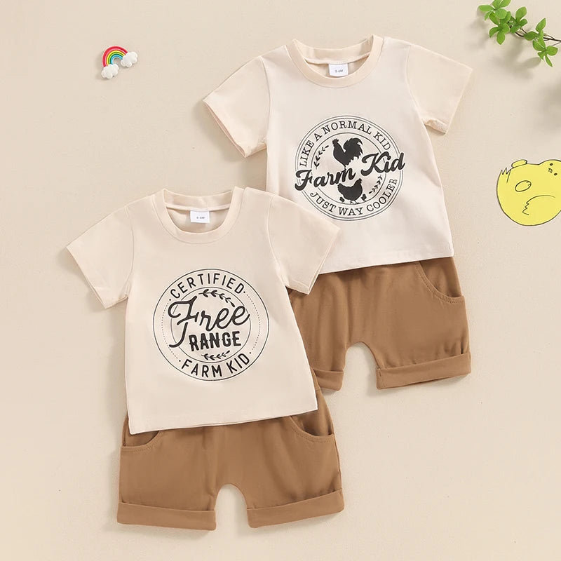 0-3Y Infant Baby Boys Summer Clothes Sets - 2pcs Short Sleeve Letter Farm Print Tops and Drawstring Shorts