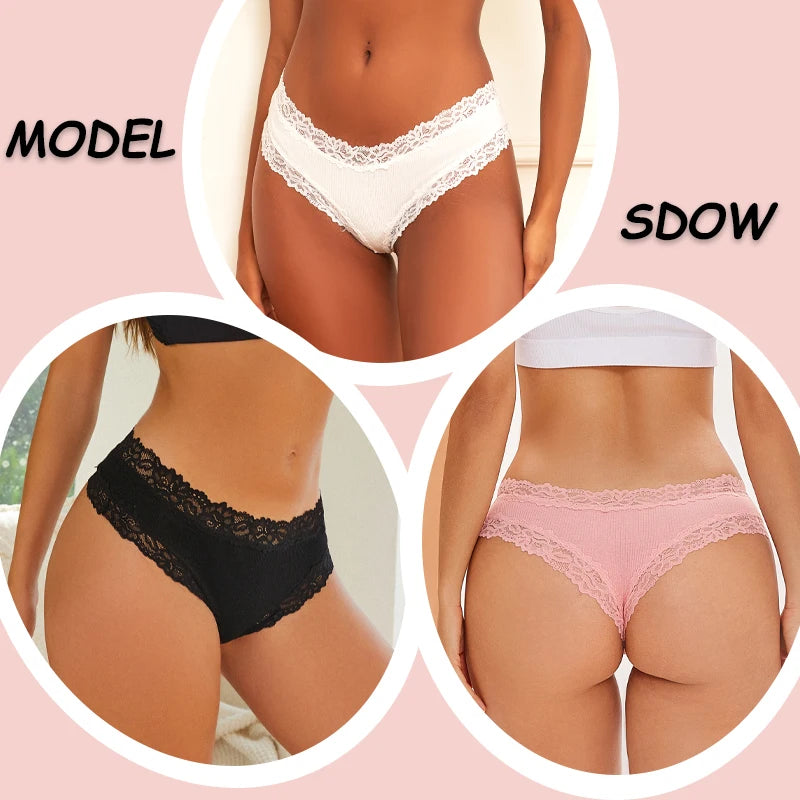 5PCS Women Cotton Lace Underwear Low Waist Briefs Breathable G-String Lingerie