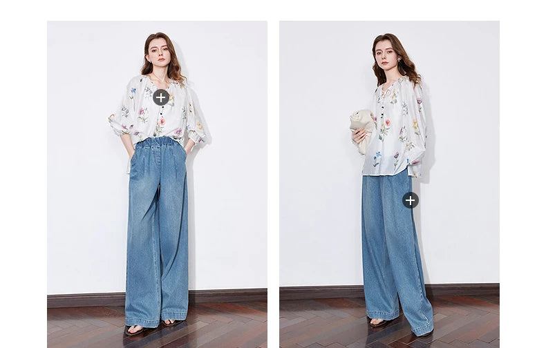 Women's Linen Blend Floral Print Blouse | Lantern Sleeves | O-Neck | Loose Fit | White | Spring Summer