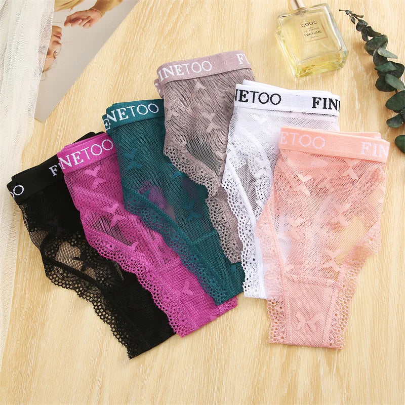 4Pcs Women's Lace Bikini Low-waist Letter Print Underwear G-String Transparent Breathable Thongs