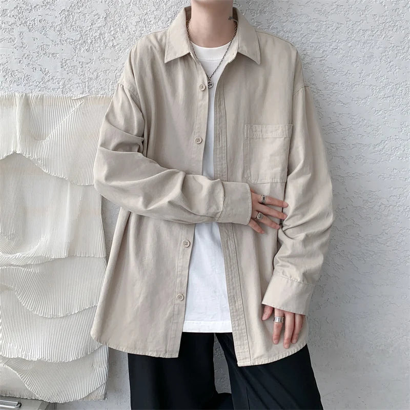 Men's Cotton Casual Spring Autumn Long Sleeve Canvas Loose Turn Down Collar Shirt