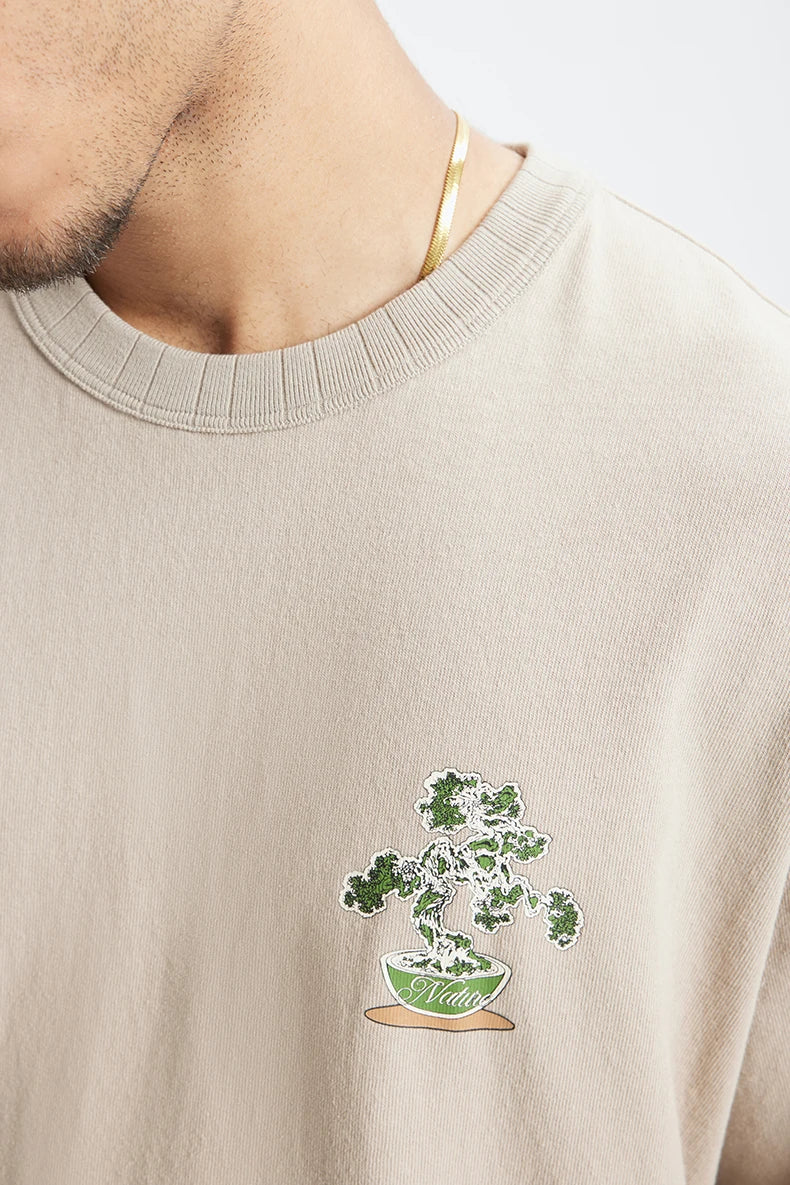 Men's 250G Green Plant Crack Print Retro Street Style Heavyweight Casual Short Sleeve T-Shirt