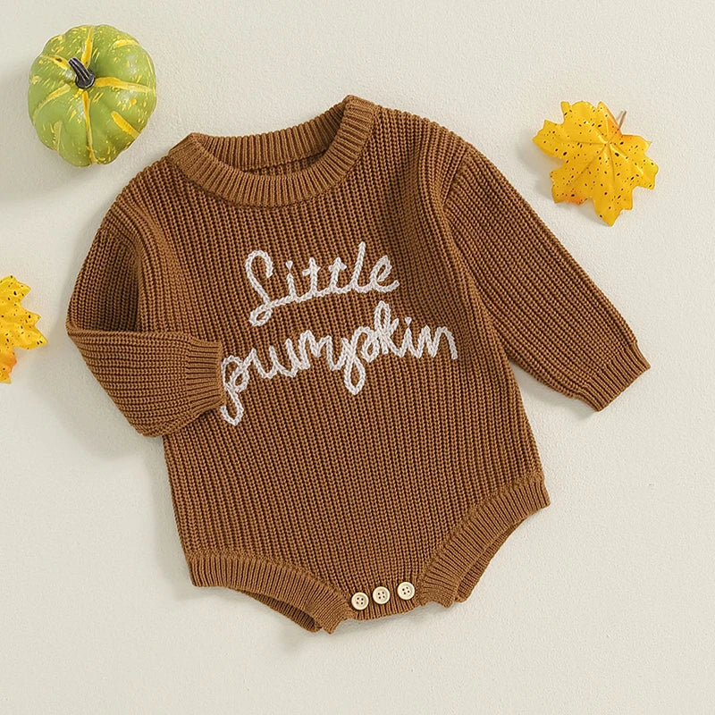 Baby Pumpkin Knit Romper - Long Sleeve Halloween Jumpsuit (0-18M)