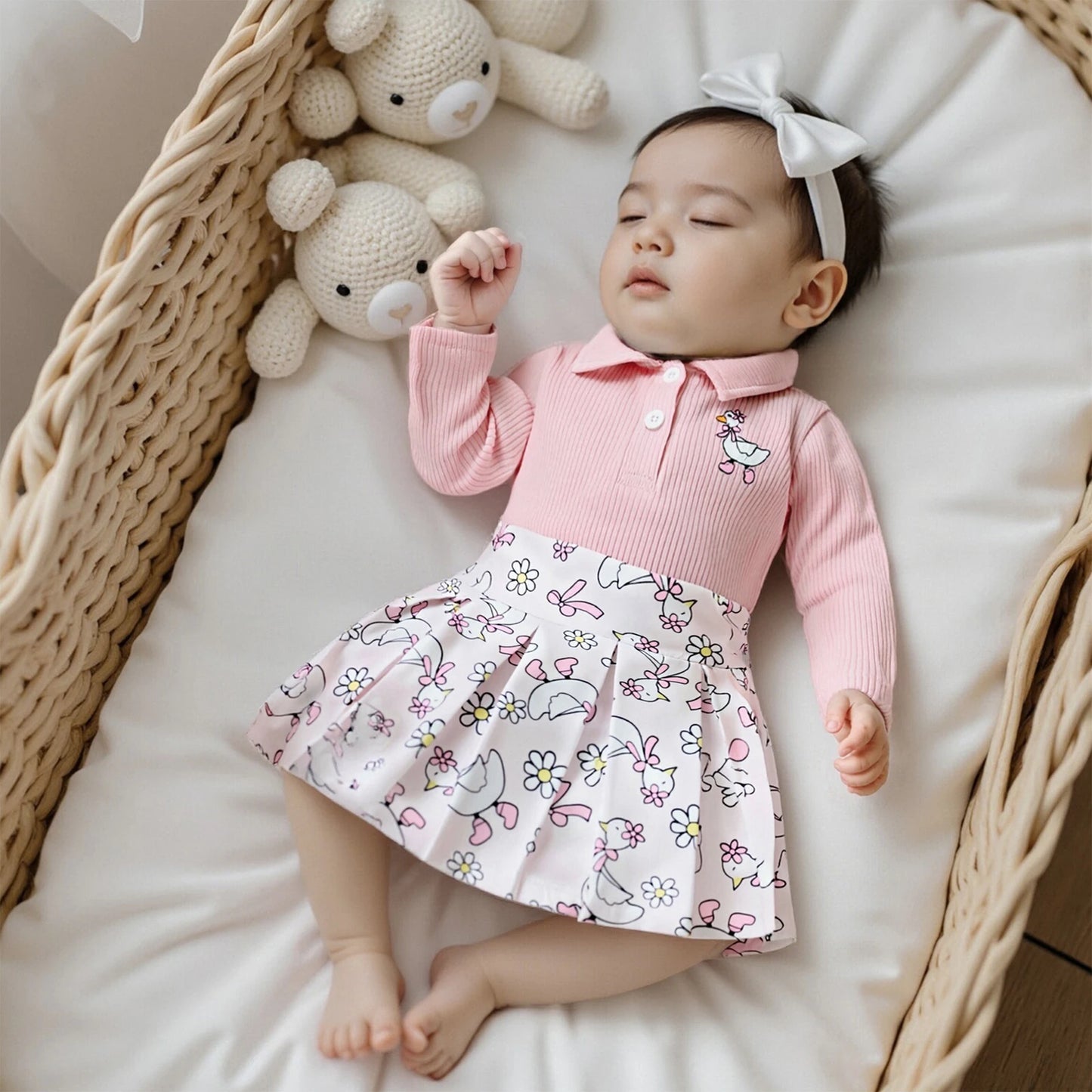 Baby Girls Animal Embroidery Outfit Set - Long Sleeve Top & Floral Print Skirt (0-4Y)