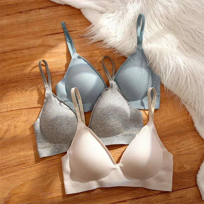 Women's 3/5Pcs/set Wireless Bra Deep V Padded Bralette Stripe Knitting Bras