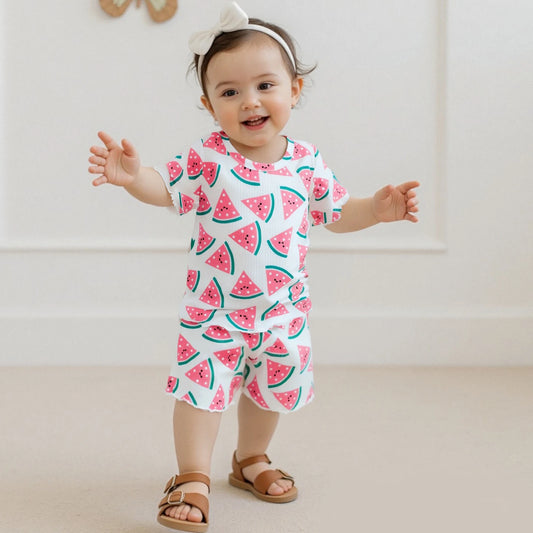 0-4Y Kids Girls Summer Clothes Sets Short Sleeve Watermelon Print T Shirts and Shorts Set