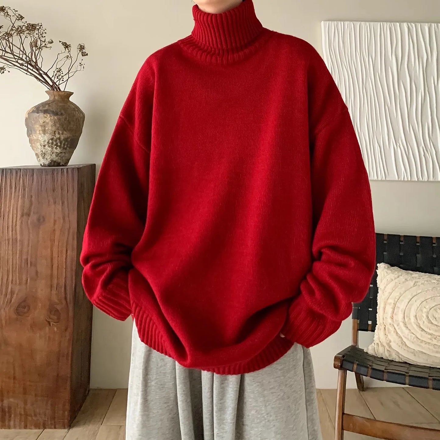 Men's Loose Turtleneck Knit Pullover Warm Knitted Sweater